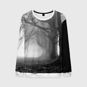 Мужской свитшот 3D с принтом Туман в лесу в Белгороде, 100% полиэстер с мягким внутренним слоем | круглый вырез горловины, мягкая резинка на манжетах и поясе, свободная посадка по фигуре | black   white | fog | forest | morning | photo | silhouette | trees | деревья | лес | силуэт | туман | утро | фото | черно   белое