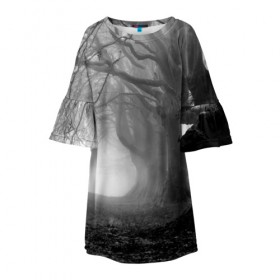 Детское платье 3D с принтом Туман в лесу в Белгороде, 100% полиэстер | прямой силуэт, чуть расширенный к низу. Круглая горловина, на рукавах — воланы | black   white | fog | forest | morning | photo | silhouette | trees | деревья | лес | силуэт | туман | утро | фото | черно   белое