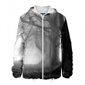 Мужская куртка 3D с принтом Туман в лесу в Белгороде, ткань верха — 100% полиэстер, подклад — флис | прямой крой, подол и капюшон оформлены резинкой с фиксаторами, два кармана без застежек по бокам, один большой потайной карман на груди. Карман на груди застегивается на липучку | black   white | fog | forest | morning | photo | silhouette | trees | деревья | лес | силуэт | туман | утро | фото | черно   белое