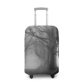 Чехол для чемодана 3D с принтом Туман в лесу в Белгороде, 86% полиэфир, 14% спандекс | двустороннее нанесение принта, прорези для ручек и колес | black   white | fog | forest | morning | photo | silhouette | trees | деревья | лес | силуэт | туман | утро | фото | черно   белое