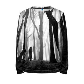 Детский лонгслив 3D с принтом Утро в лесу в Белгороде, 100% полиэстер | длинные рукава, круглый вырез горловины, полуприлегающий силуэт
 | black   white | fog | forest | man | morning | photo | silhouette | trees | деревья | лес | силуэт | туман | утро | фото | человек | черно   белое