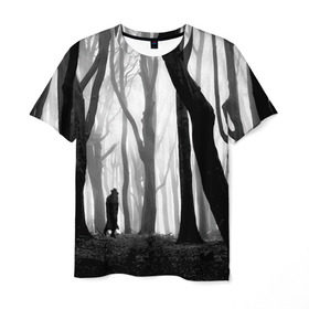 Мужская футболка 3D с принтом Утро в лесу в Белгороде, 100% полиэфир | прямой крой, круглый вырез горловины, длина до линии бедер | black   white | fog | forest | man | morning | photo | silhouette | trees | деревья | лес | силуэт | туман | утро | фото | человек | черно   белое