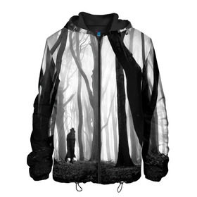 Мужская куртка 3D с принтом Утро в лесу в Белгороде, ткань верха — 100% полиэстер, подклад — флис | прямой крой, подол и капюшон оформлены резинкой с фиксаторами, два кармана без застежек по бокам, один большой потайной карман на груди. Карман на груди застегивается на липучку | black   white | fog | forest | man | morning | photo | silhouette | trees | деревья | лес | силуэт | туман | утро | фото | человек | черно   белое