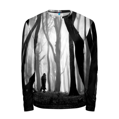 Мужской лонгслив 3D с принтом Утро в лесу в Белгороде, 100% полиэстер | длинные рукава, круглый вырез горловины, полуприлегающий силуэт | black   white | fog | forest | man | morning | photo | silhouette | trees | деревья | лес | силуэт | туман | утро | фото | человек | черно   белое