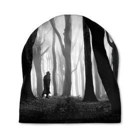Шапка 3D с принтом Утро в лесу в Белгороде, 100% полиэстер | универсальный размер, печать по всей поверхности изделия | black   white | fog | forest | man | morning | photo | silhouette | trees | деревья | лес | силуэт | туман | утро | фото | человек | черно   белое