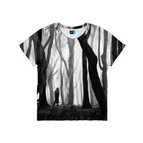 Детская футболка 3D с принтом Утро в лесу в Белгороде, 100% гипоаллергенный полиэфир | прямой крой, круглый вырез горловины, длина до линии бедер, чуть спущенное плечо, ткань немного тянется | black   white | fog | forest | man | morning | photo | silhouette | trees | деревья | лес | силуэт | туман | утро | фото | человек | черно   белое