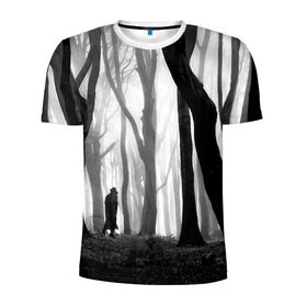 Мужская футболка 3D спортивная с принтом Утро в лесу в Белгороде, 100% полиэстер с улучшенными характеристиками | приталенный силуэт, круглая горловина, широкие плечи, сужается к линии бедра | black   white | fog | forest | man | morning | photo | silhouette | trees | деревья | лес | силуэт | туман | утро | фото | человек | черно   белое