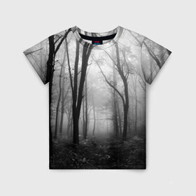 Детская футболка 3D с принтом Туман в лесу в Белгороде, 100% гипоаллергенный полиэфир | прямой крой, круглый вырез горловины, длина до линии бедер, чуть спущенное плечо, ткань немного тянется | Тематика изображения на принте: black   white | fog | forest | morning | photo | silhouette | trees | деревья | лес | силуэт | туман | утро | фото | черно   белое