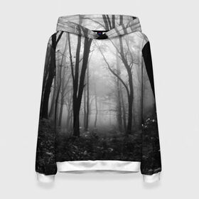 Женская толстовка 3D с принтом Туман в лесу в Белгороде, 100% полиэстер  | двухслойный капюшон со шнурком для регулировки, мягкие манжеты на рукавах и по низу толстовки, спереди карман-кенгуру с мягким внутренним слоем. | black   white | fog | forest | morning | photo | silhouette | trees | деревья | лес | силуэт | туман | утро | фото | черно   белое