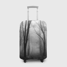 Чехол для чемодана 3D с принтом Туман в лесу в Белгороде, 86% полиэфир, 14% спандекс | двустороннее нанесение принта, прорези для ручек и колес | Тематика изображения на принте: black   white | fog | forest | morning | photo | silhouette | trees | деревья | лес | силуэт | туман | утро | фото | черно   белое