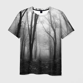 Мужская футболка 3D с принтом Туман в лесу в Белгороде, 100% полиэфир | прямой крой, круглый вырез горловины, длина до линии бедер | black   white | fog | forest | morning | photo | silhouette | trees | деревья | лес | силуэт | туман | утро | фото | черно   белое