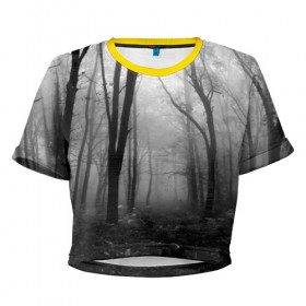 Женская футболка 3D укороченная с принтом Туман в лесу в Белгороде, 100% полиэстер | круглая горловина, длина футболки до линии талии, рукава с отворотами | black   white | fog | forest | morning | photo | silhouette | trees | деревья | лес | силуэт | туман | утро | фото | черно   белое