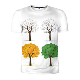 Мужская футболка 3D спортивная с принтом Времена года в Белгороде, 100% полиэстер с улучшенными характеристиками | приталенный силуэт, круглая горловина, широкие плечи, сужается к линии бедра | Тематика изображения на принте: весна | деревья | зима | лето | осень