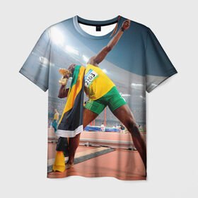 Мужская футболка 3D с принтом Болт в Белгороде, 100% полиэфир | прямой крой, круглый вырез горловины, длина до линии бедер | bolt | атлетика | бег | олимпиада | усэйн