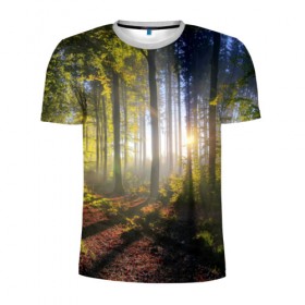 Мужская футболка 3D спортивная с принтом Утро в лесу в Белгороде, 100% полиэстер с улучшенными характеристиками | приталенный силуэт, круглая горловина, широкие плечи, сужается к линии бедра | bright | fog | forest | morning | sun | tree | trees | дерево | деревья | лес | солнце | туман | утро | яркое