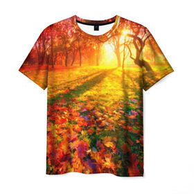 Мужская футболка 3D с принтом Осень в Белгороде, 100% полиэфир | прямой крой, круглый вырез горловины, длина до линии бедер | Тематика изображения на принте: autumn | bright | colors | forest | trees | деревья | краски | лес | лучи | осень | солнце | цвета | яркие