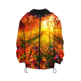 Детская куртка 3D с принтом Осень в Белгороде, 100% полиэстер | застежка — молния, подол и капюшон оформлены резинкой с фиксаторами, по бокам — два кармана без застежек, один потайной карман на груди, плотность верхнего слоя — 90 г/м2; плотность флисового подклада — 260 г/м2 | Тематика изображения на принте: autumn | bright | colors | forest | trees | деревья | краски | лес | лучи | осень | солнце | цвета | яркие