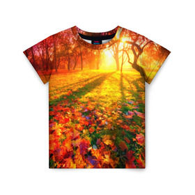 Детская футболка 3D с принтом Осень в Белгороде, 100% гипоаллергенный полиэфир | прямой крой, круглый вырез горловины, длина до линии бедер, чуть спущенное плечо, ткань немного тянется | autumn | bright | colors | forest | trees | деревья | краски | лес | лучи | осень | солнце | цвета | яркие