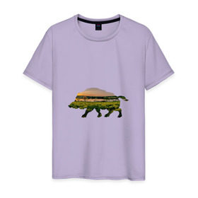 Мужская футболка хлопок с принтом кабан закат в Белгороде, 100% хлопок | прямой крой, круглый вырез горловины, длина до линии бедер, слегка спущенное плечо. | закат | залив | зелень | кабан | лето | луг | поле | солнце