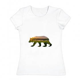 Женская футболка хлопок с принтом медведь закат в Белгороде, 100% хлопок | прямой крой, круглый вырез горловины, длина до линии бедер, слегка спущенное плечо | 