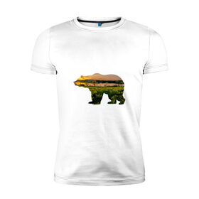 Мужская футболка премиум с принтом медведь закат в Белгороде, 92% хлопок, 8% лайкра | приталенный силуэт, круглый вырез ворота, длина до линии бедра, короткий рукав | закат | залив | зелень | лето | луг | медведь | мишка | поле | солнце