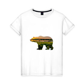 Женская футболка хлопок с принтом медведь закат в Белгороде, 100% хлопок | прямой крой, круглый вырез горловины, длина до линии бедер, слегка спущенное плечо | закат | залив | зелень | лето | луг | медведь | мишка | поле | солнце