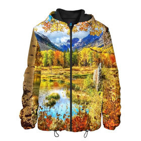 Мужская куртка 3D с принтом Горное озеро в Белгороде, ткань верха — 100% полиэстер, подклад — флис | прямой крой, подол и капюшон оформлены резинкой с фиксаторами, два кармана без застежек по бокам, один большой потайной карман на груди. Карман на груди застегивается на липучку | autumn | bright | clouds | colors | forest | mountains | river | trees | горы | деревья | краски | лес | облака | осень | река | цвета | яркие
