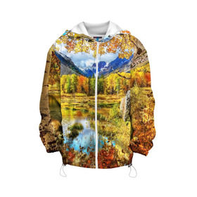 Детская куртка 3D с принтом Горное озеро в Белгороде, 100% полиэстер | застежка — молния, подол и капюшон оформлены резинкой с фиксаторами, по бокам — два кармана без застежек, один потайной карман на груди, плотность верхнего слоя — 90 г/м2; плотность флисового подклада — 260 г/м2 | autumn | bright | clouds | colors | forest | mountains | river | trees | горы | деревья | краски | лес | облака | осень | река | цвета | яркие