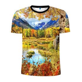 Мужская футболка 3D спортивная с принтом Горное озеро в Белгороде, 100% полиэстер с улучшенными характеристиками | приталенный силуэт, круглая горловина, широкие плечи, сужается к линии бедра | Тематика изображения на принте: autumn | bright | clouds | colors | forest | mountains | river | trees | горы | деревья | краски | лес | облака | осень | река | цвета | яркие