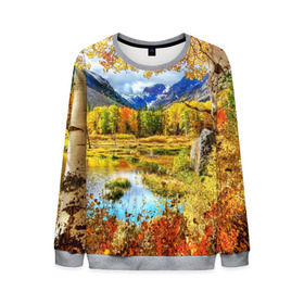 Мужской свитшот 3D с принтом Горное озеро в Белгороде, 100% полиэстер с мягким внутренним слоем | круглый вырез горловины, мягкая резинка на манжетах и поясе, свободная посадка по фигуре | Тематика изображения на принте: autumn | bright | clouds | colors | forest | mountains | river | trees | горы | деревья | краски | лес | облака | осень | река | цвета | яркие