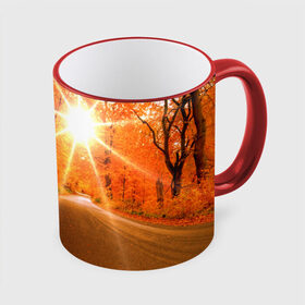 Кружка 3D с принтом Осеннее солнце в Белгороде, керамика | ёмкость 330 мл | autumn | bright | colors | forest | trees | деревья | дорога | краски | лес | лучи | осень | солнце | цвета | яркие