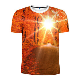Мужская футболка 3D спортивная с принтом Осеннее солнце в Белгороде, 100% полиэстер с улучшенными характеристиками | приталенный силуэт, круглая горловина, широкие плечи, сужается к линии бедра | autumn | bright | colors | forest | trees | деревья | дорога | краски | лес | лучи | осень | солнце | цвета | яркие