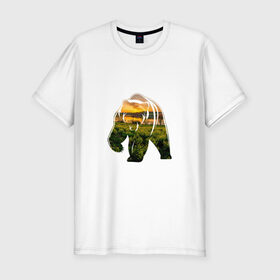 Мужская футболка премиум с принтом медведь закат в Белгороде, 92% хлопок, 8% лайкра | приталенный силуэт, круглый вырез ворота, длина до линии бедра, короткий рукав | закат | залив | зелень | лето | луг | медведь | мишка | поле | солнце