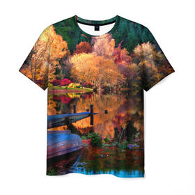 Мужская футболка 3D с принтом Осень в Белгороде, 100% полиэфир | прямой крой, круглый вырез горловины, длина до линии бедер | autumn | boat | bright | colors | forest | paint | river | trees | деревья | краски | лес | лодка | осень | река | цвета | яркие