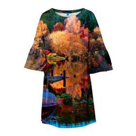 Детское платье 3D с принтом Осень в Белгороде, 100% полиэстер | прямой силуэт, чуть расширенный к низу. Круглая горловина, на рукавах — воланы | Тематика изображения на принте: autumn | boat | bright | colors | forest | paint | river | trees | деревья | краски | лес | лодка | осень | река | цвета | яркие