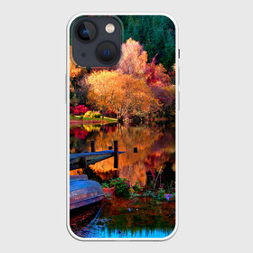 Чехол для iPhone 13 mini с принтом Осень в Белгороде,  |  | autumn | boat | bright | colors | forest | paint | river | trees | деревья | краски | лес | лодка | осень | река | цвета | яркие