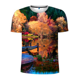 Мужская футболка 3D спортивная с принтом Осень в Белгороде, 100% полиэстер с улучшенными характеристиками | приталенный силуэт, круглая горловина, широкие плечи, сужается к линии бедра | autumn | boat | bright | colors | forest | paint | river | trees | деревья | краски | лес | лодка | осень | река | цвета | яркие