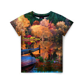 Детская футболка 3D с принтом Осень в Белгороде, 100% гипоаллергенный полиэфир | прямой крой, круглый вырез горловины, длина до линии бедер, чуть спущенное плечо, ткань немного тянется | autumn | boat | bright | colors | forest | paint | river | trees | деревья | краски | лес | лодка | осень | река | цвета | яркие