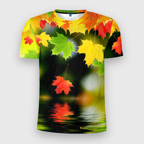 Мужская футболка 3D спортивная с принтом Осень в Белгороде, 100% полиэстер с улучшенными характеристиками | приталенный силуэт, круглая горловина, широкие плечи, сужается к линии бедра | autumn | bright | color | forest | leaves | maple | paint | reflection | river | trees | деревья | клён | краски | лес | листья | осень | отражение | река | цвета | яркие