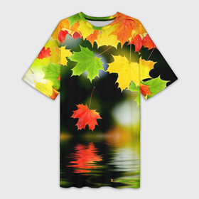 Платье-футболка 3D с принтом Осень в Белгороде,  |  | autumn | bright | color | forest | leaves | maple | paint | reflection | river | trees | деревья | клён | краски | лес | листья | осень | отражение | река | цвета | яркие