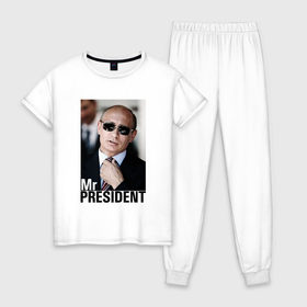 Женская пижама хлопок с принтом Mr.President (2) в Белгороде, 100% хлопок | брюки и футболка прямого кроя, без карманов, на брюках мягкая резинка на поясе и по низу штанин | 