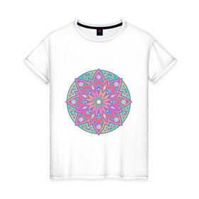 Женская футболка хлопок с принтом Мандала в Белгороде, 100% хлопок | прямой крой, круглый вырез горловины, длина до линии бедер, слегка спущенное плечо | абстракция | арт | геометрия | лепестки | цвет | цветок