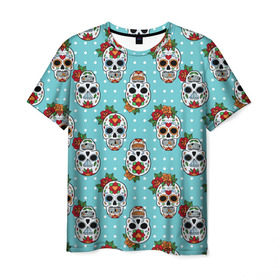 Мужская футболка 3D с принтом Узор Черепа Чикано в Белгороде, 100% полиэфир | прямой крой, круглый вырез горловины, длина до линии бедер | кости | мексика | мозаика | узор | цветы | череп | чикано