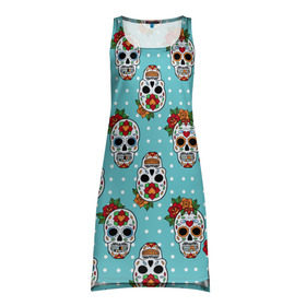 Платье-майка 3D с принтом Узор Черепа Чикано в Белгороде, 100% полиэстер | полуприлегающий силуэт, широкие бретели, круглый вырез горловины, удлиненный подол сзади. | кости | мексика | мозаика | узор | цветы | череп | чикано