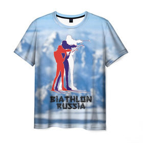 Мужская футболка 3D с принтом Biathlon russia в Белгороде, 100% полиэфир | прямой крой, круглый вырез горловины, длина до линии бедер | биатлон