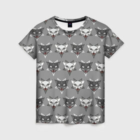 Женская футболка 3D с принтом Злые котики в Белгороде, 100% полиэфир ( синтетическое хлопкоподобное полотно) | прямой крой, круглый вырез горловины, длина до линии бедер | Тематика изображения на принте: дьявол | звезда | кот | котик | кошка | милота | пентаграмма | серый | юмор