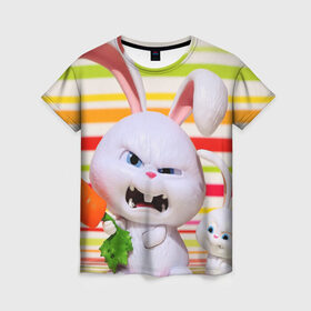 Женская футболка 3D с принтом Злой кролик в Белгороде, 100% полиэфир ( синтетическое хлопкоподобное полотно) | прямой крой, круглый вырез горловины, длина до линии бедер | Тематика изображения на принте: животные | злой | игрушка | кролик | мультфильм | тайная жизнь домашних животных