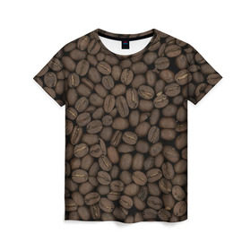 Женская футболка 3D с принтом Кофейные зёрна в Белгороде, 100% полиэфир ( синтетическое хлопкоподобное полотно) | прямой крой, круглый вырез горловины, длина до линии бедер | coffee | coffee grains | grains | кофе | кофейные зёрна