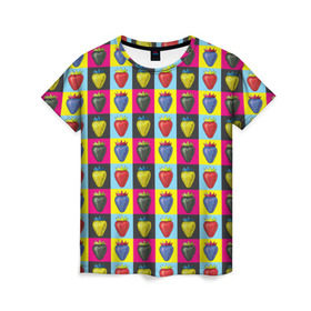 Женская футболка 3D с принтом POP ART в Белгороде, 100% полиэфир ( синтетическое хлопкоподобное полотно) | прямой крой, круглый вырез горловины, длина до линии бедер | popart | клубника | поп арт | ягоды