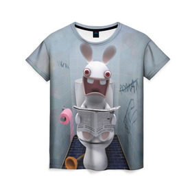 Женская футболка 3D с принтом Кролик с газетой в Белгороде, 100% полиэфир ( синтетическое хлопкоподобное полотно) | прямой крой, круглый вырез горловины, длина до линии бедер | rabbids | вантуз | горшок | зайцы засранцы | заяц | туалет